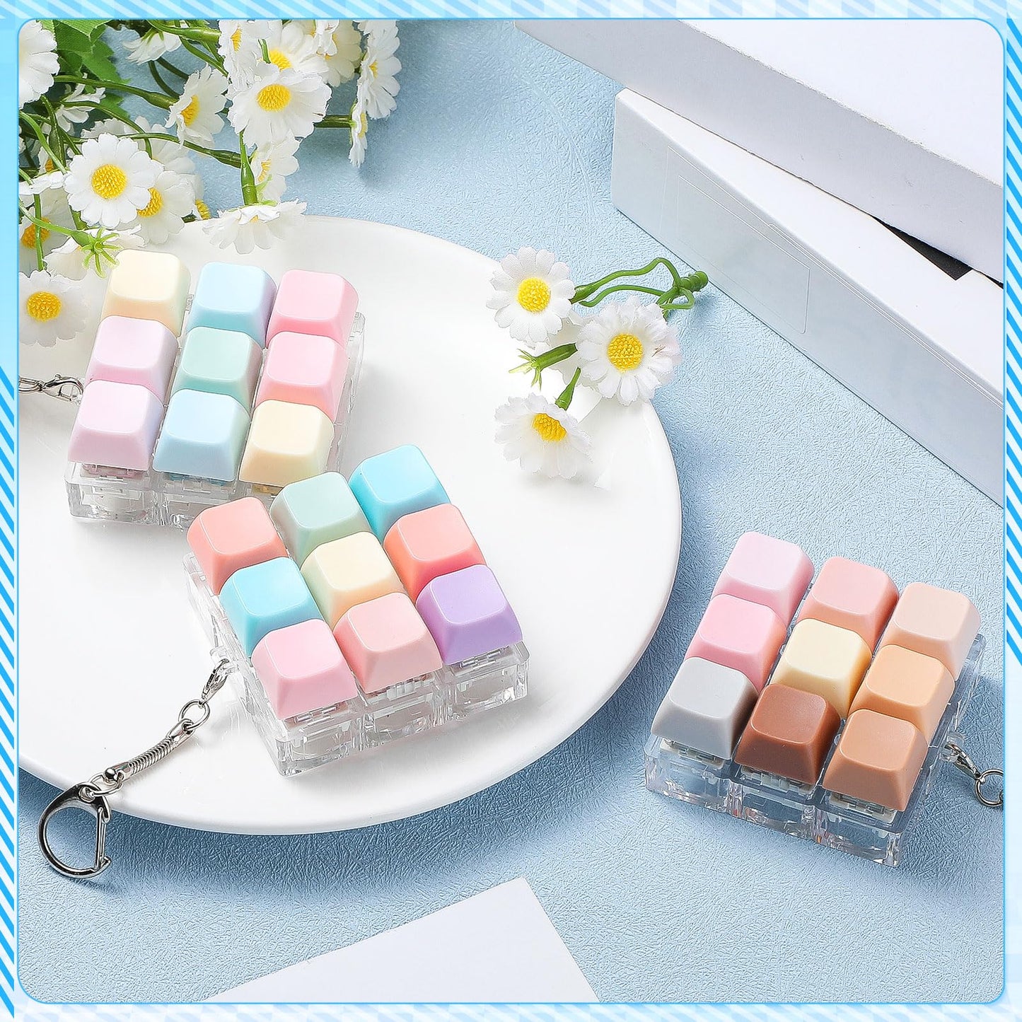Halloscume 3 Pcs Keyboard Adult Fidget Clicker 9-in-1keyboard Fidget Keychain Cube Mechanical Key Button Clicker Stress Relief Gift for Office Home to Pass The Time (Pastel Colors)