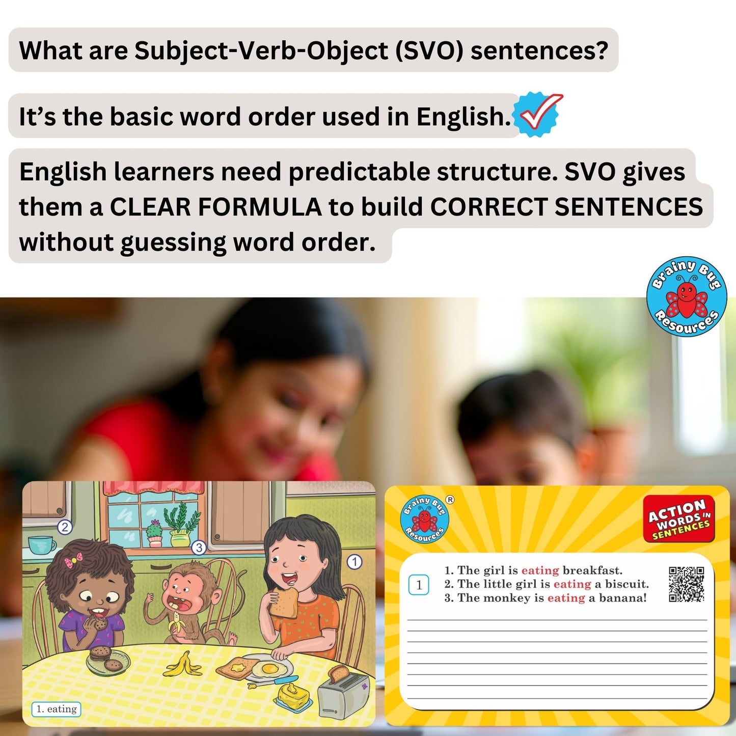Brainy Bug English Learning Flashcards with App-Enabled Audio Feature | SVO Sentences | Action Words, Grammar & Sentence Practice | Eary Learners | Special Needs | Home Schooling
