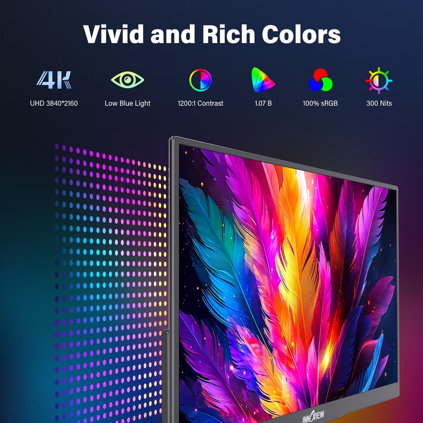 InnoView 15.6" Portable Monitor 60Hz 4K UHD 3840x2160 | 100% sRGB HDR | Travel Monitor with 2 USB-C & HDMI Ports | Second Screen for Laptop Mac PC Xbox PS5 Switch (Includes Adapter)