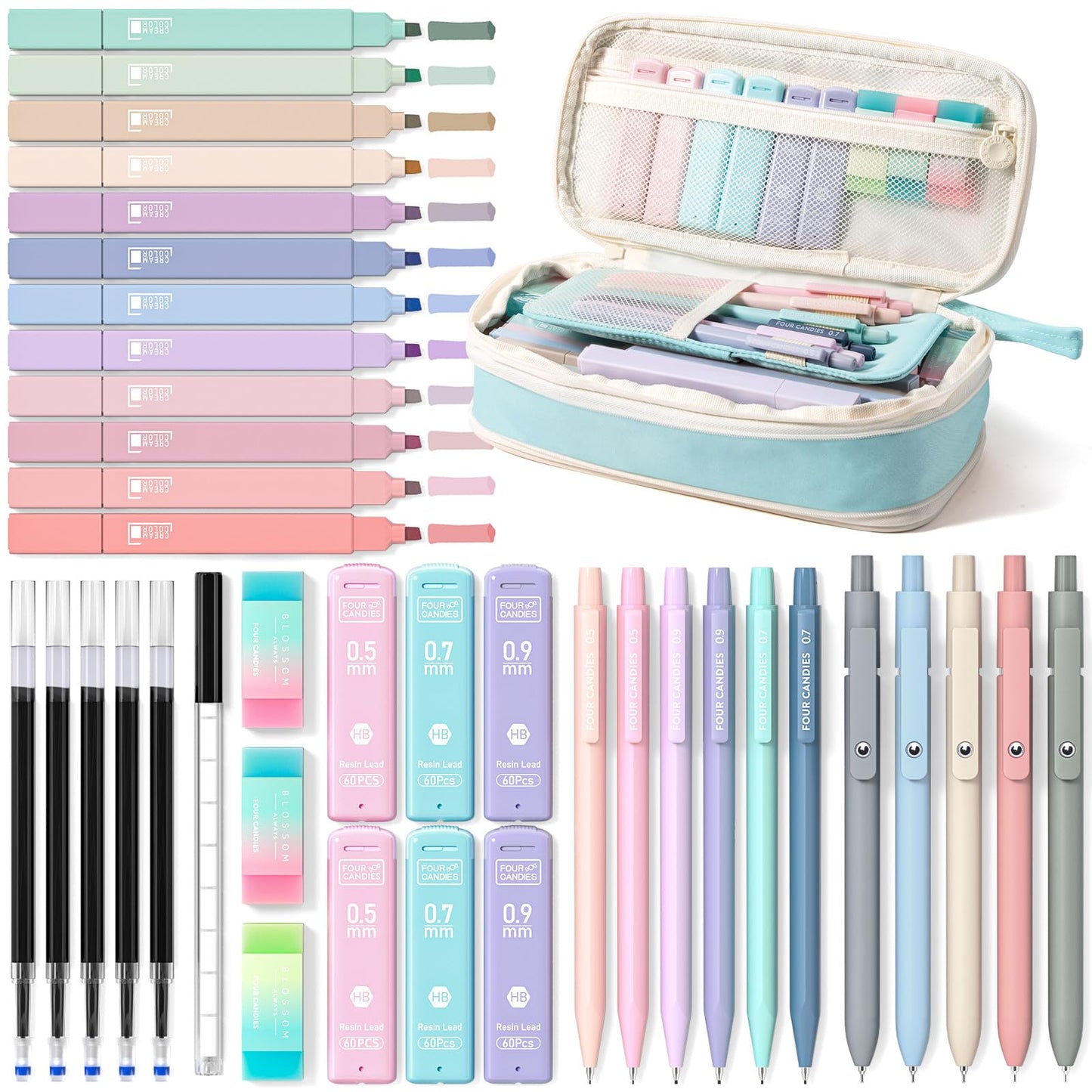 Four Candies 39 PCS Aesthetic Stationery Set with Cute Pen Case, College Supplies and Nursing Student Essentials, 12 Pastel Highlighters, 5 Black Gel Pens, 6 Mechanical Pencils, Blue