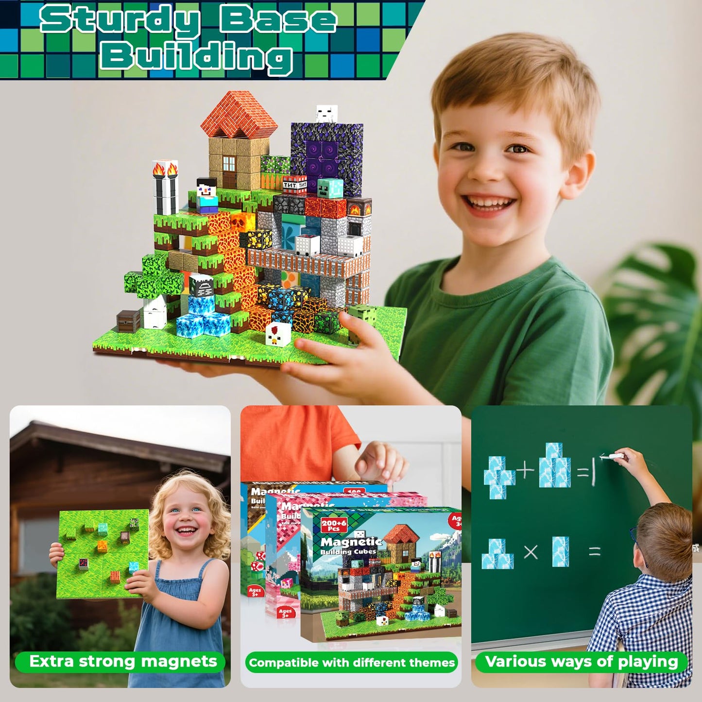200PCS Magnetic Building Blocks with 6 Base Plate, Magnetic Blocks Cubes for Kids Ages 4-8, Stacking Magnet Blocks STEM Building Toys for Boys Girls Ages 3 4 5 6 7 8-12 Christmas Birthday Gifts