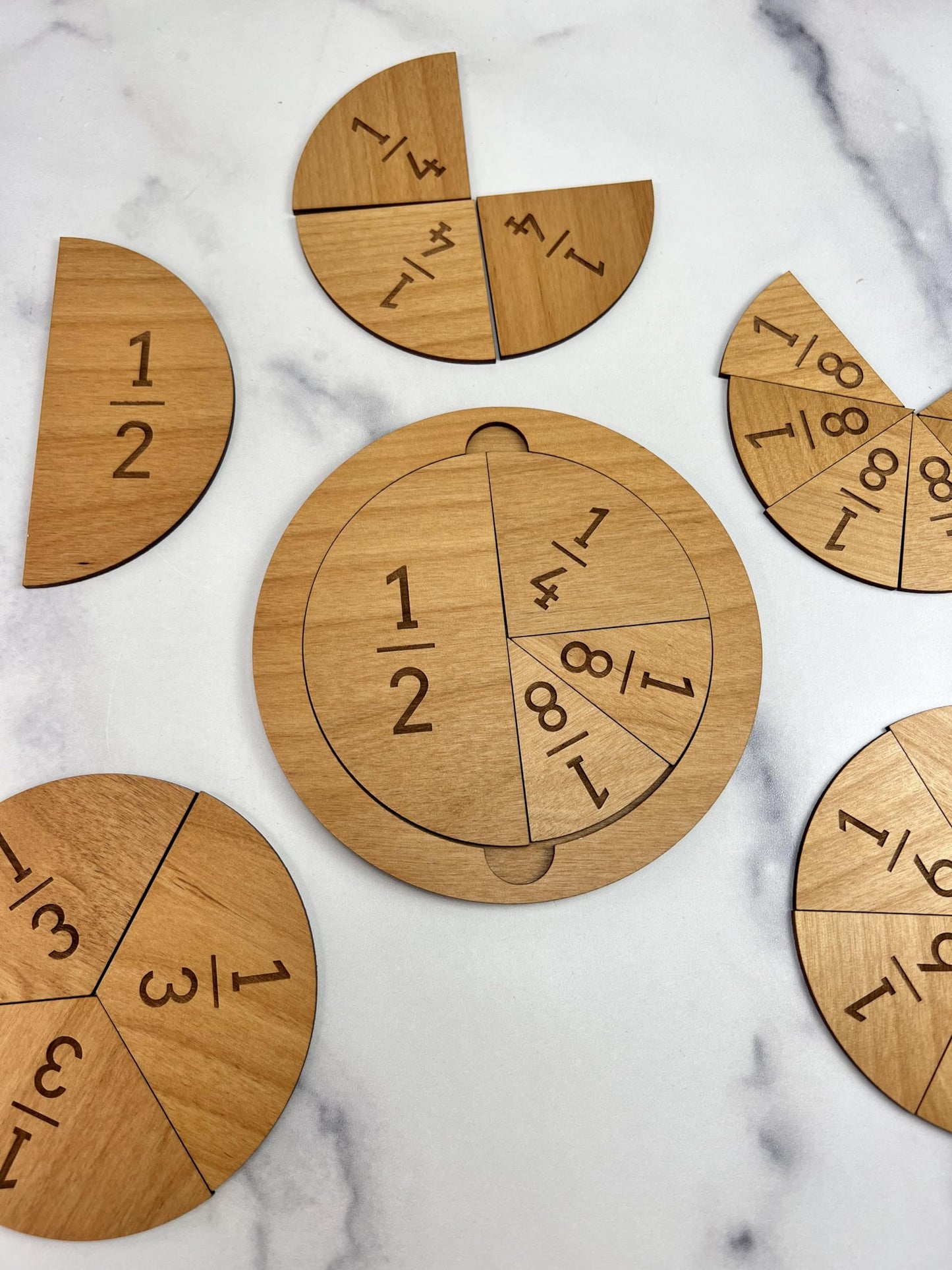 Fraction Tiles - Laser Engraved Alder Wood - Includes 5 inch Tile Holder and Fraction Tiles (23 Tiles)