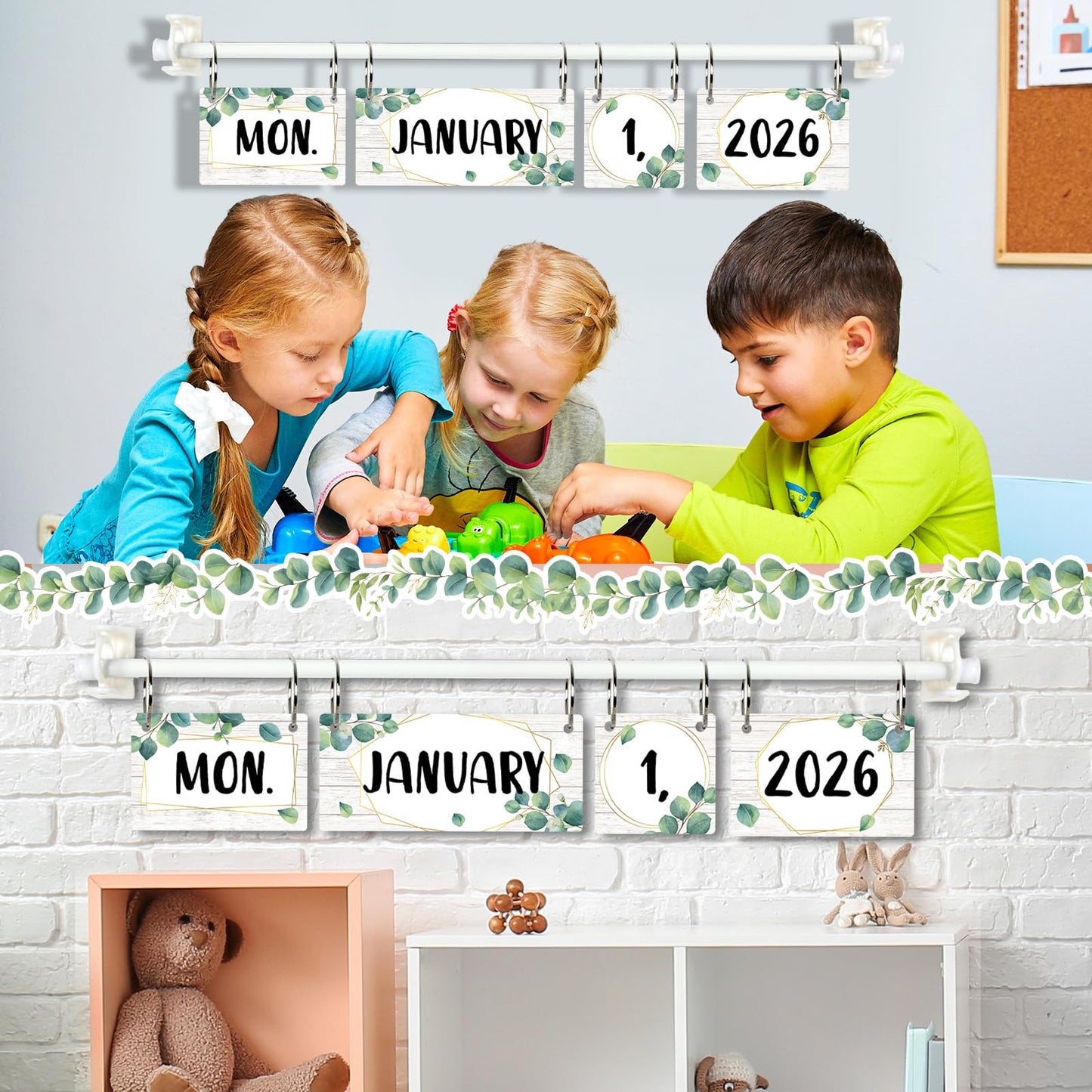 Eucalyptus Flip Calendar for Classroom Bulletin Board Set Greenery Calendar Class Whiteboard Decor with 2026 to 2030 Years Date Cards and Adjustable Rod for Home Elementary School Teacher Supplies