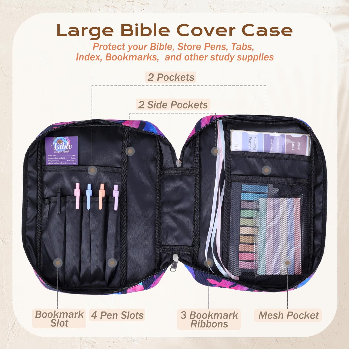 XKDOUS Bible Cover Carrying Book Case with Handle & Zippered Pocket, Large Bible Bags Study Supplies Accessories Organizer Bible Case Christian Gifts for Mother Women Men