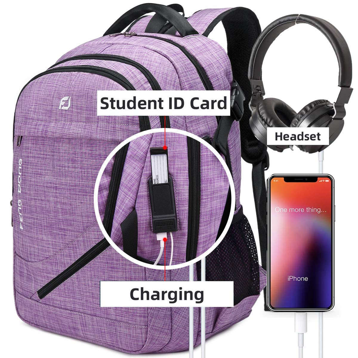 FENGDONG Large Laptop Backpack 17.3 inch Durable Waterproof Travel College Backpack Bookbag for Men & Women Business Backpack with USB Charging Port and Headset Port Light Purple