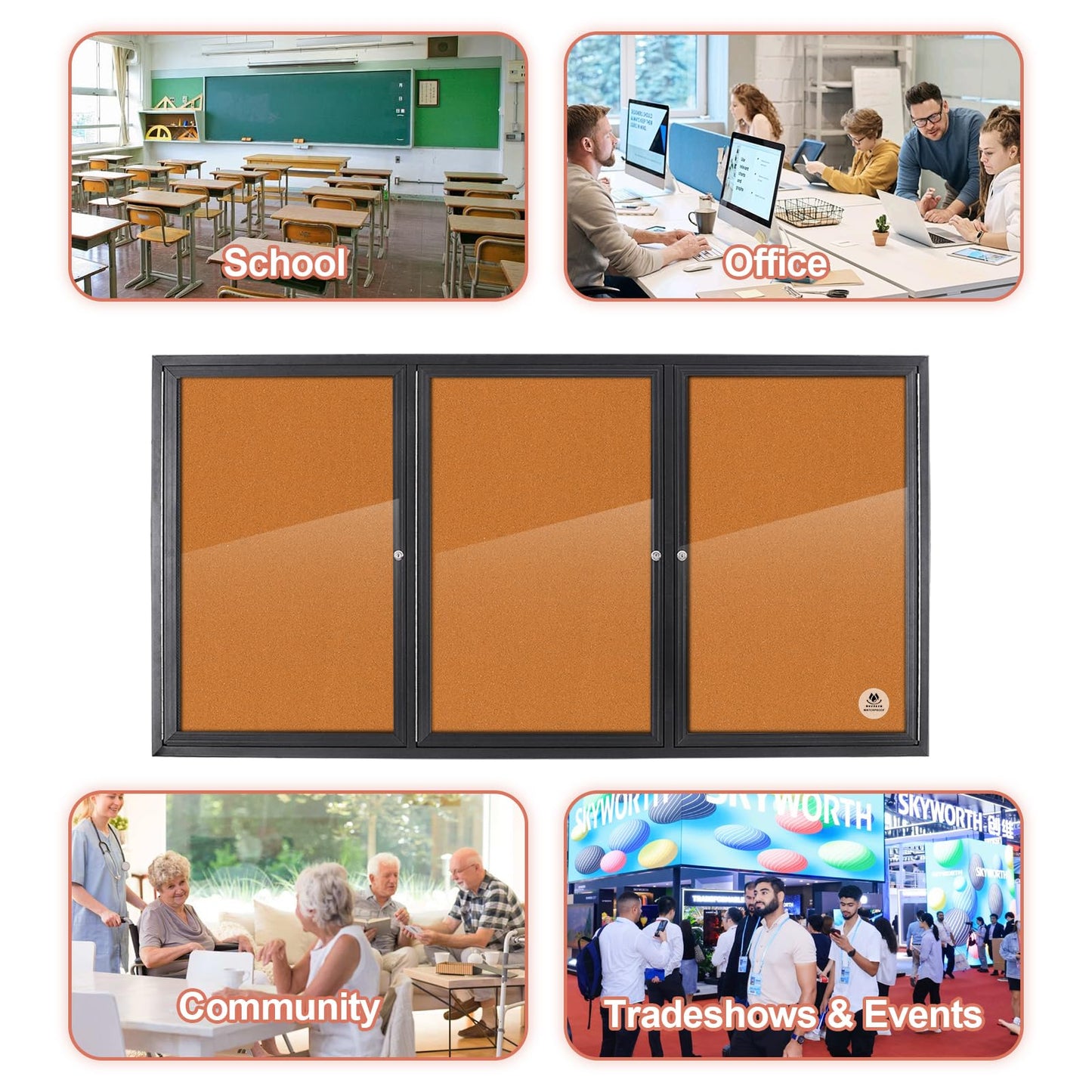 Enclosed Bulletin Board Lockable,3 Doors Weatherproof Outdoor Noticeboard with Locking Door, Wall-Mounted Aluminum Framed Presentation Board, 70x36 Inch
