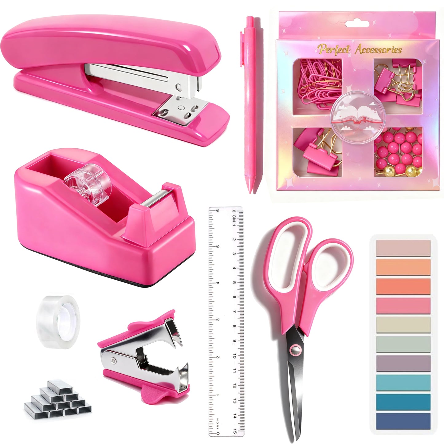 Dimonluce Hot Pink Desk Accessories, Hot Pink Office Supplies Accessories with Tape Dispenser, Stapler, Staple Remover, 1000 Staples, Tape, Clips Set, Ruler, Scissor, Pen