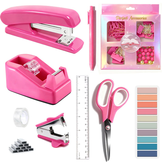 Dimonluce Hot Pink Desk Accessories, Hot Pink Office Supplies Accessories with Tape Dispenser, Stapler, Staple Remover, 1000 Staples, Tape, Clips Set, Ruler, Scissor, Pen