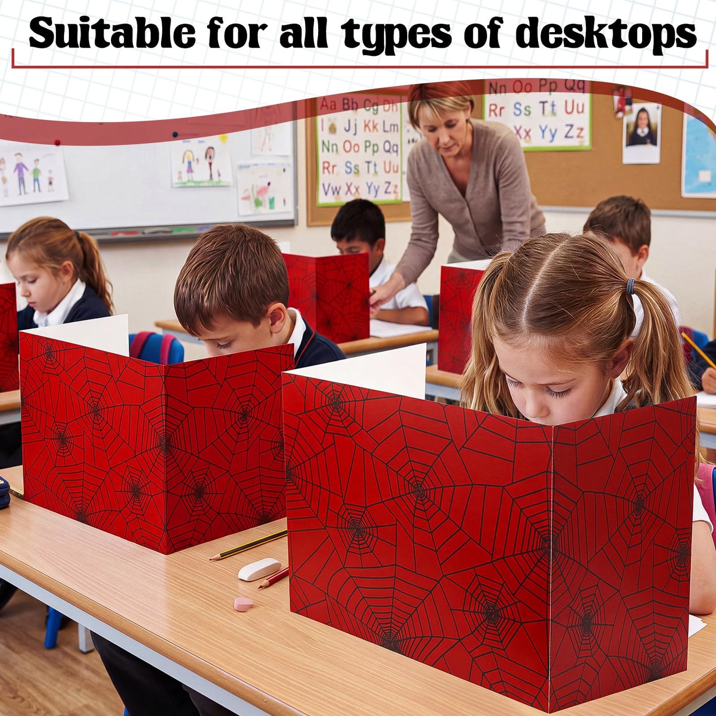 SATINIOR 24 Pcs Privacy Folders for Students, Desk Dividers for Classroom Testing, Trifold Cardboard Privacy Boards, Study Carrels Panel School Teacher Supplies(Spider Web Style,Red)