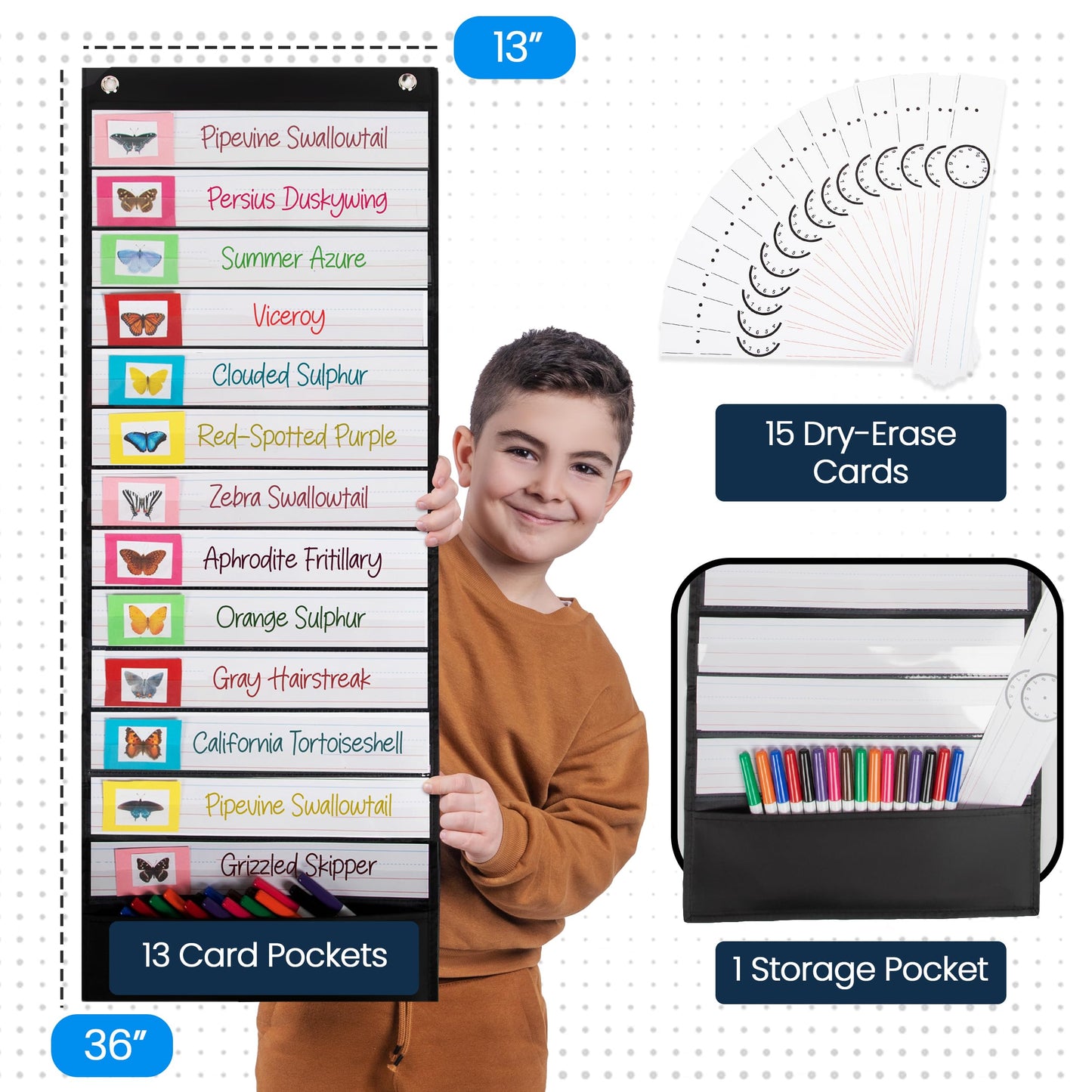 Essex Wares - 13 Pocket Daily Schedule Pocket Chart, Ultra-Durable Visual Schedule for Kids - Easy to Use, Reusable Daily Schedule for Kids - Reversible Chart for Sentence Strips