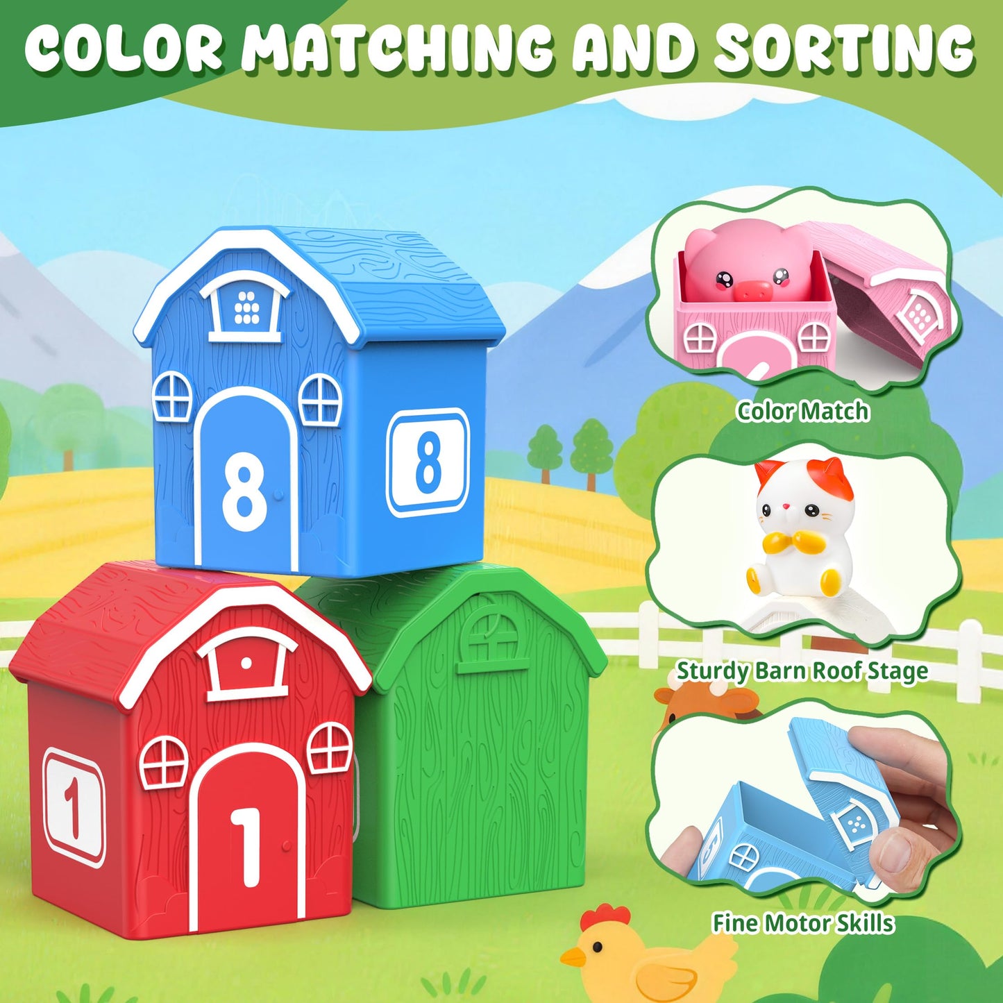 GooMags Montessori Toys for Toddlers, 21Pcs Farm Toys with Storage Bags/Playmat Counting, Matching, Sorting Preschool Learning Toy Including 10 Animal Finger Puppets Birthday Gift
