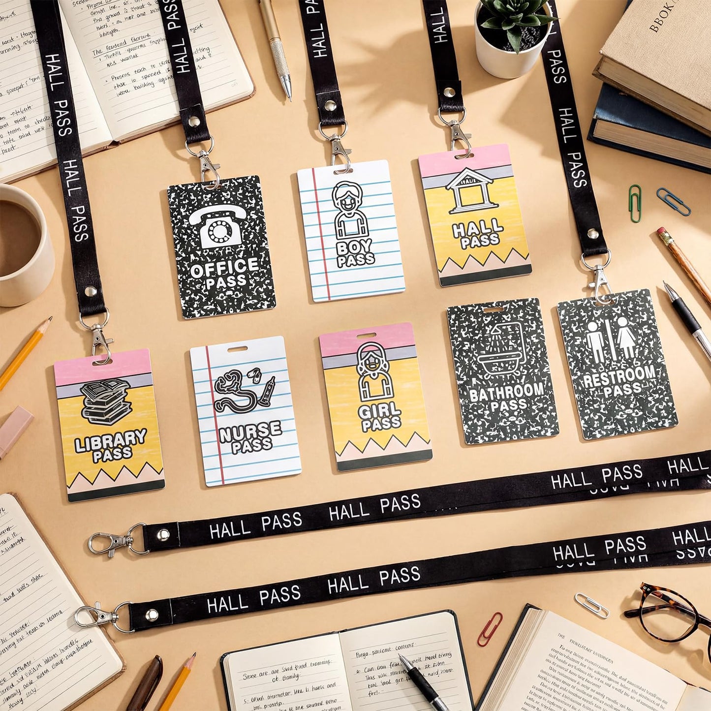 Fuyoooo 16 Set Pencil Hall Pass Lanyards Unbreakable PVC Composition Notebook Classroom Passes with Lanyards Bathroom Boy Girl Library Hall Office Nurse Pass 2.4 x 3.5