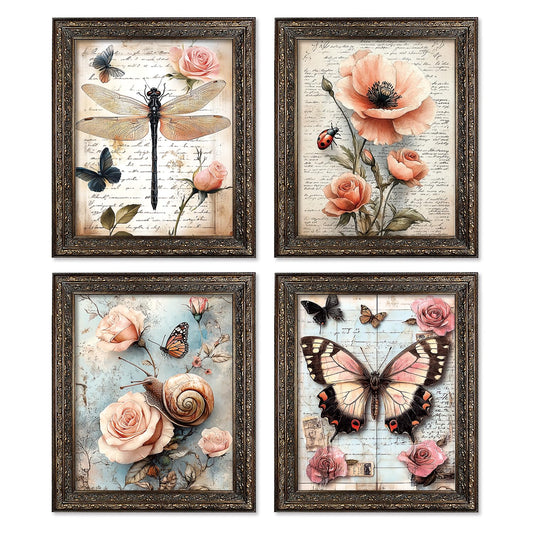 Locomiss Vintage Cottage Dragonfly Butterfly Floral Wall Art Decor, Country Junk Wildflower Botanical Insect Prints Posters for Home Bedroom Living Room Farmhouse Wall Decor, Set of 4, 8x10 Unframed