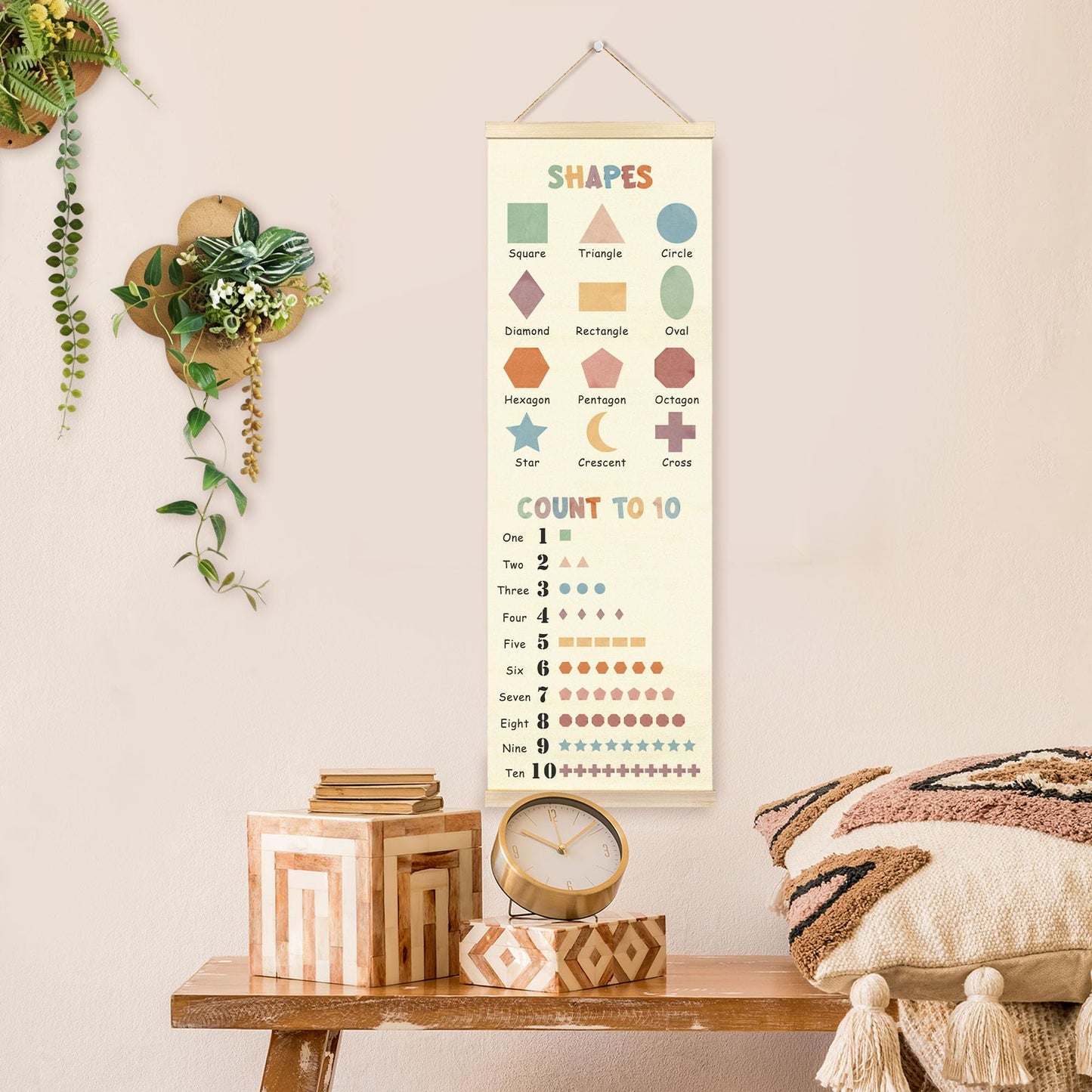 TAEDIN Boho Classroom Wall Art Poster Hanger Frame, Kids Room Wall Art with Wood Frames, Shapes Number 1 to 10 Educational Hanging Decor for Kids Boys Girls Toddler Room Bedroom Playroom, 12x35 Inches
