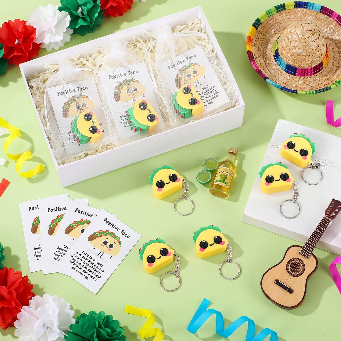 Junkin 24 Sets Taco Clicker Fidget Keychain 3D Printed Clicker Fidget Decompression Button Stress Relief Gifts with Positive Cards for Graduation Employee Coworker Staff Team Nurse Teacher