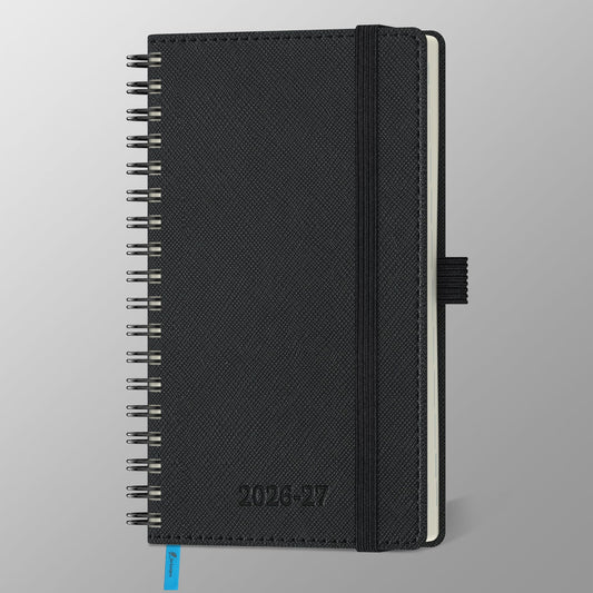 IN-LUXPRO Planner 2026-2027 Daily Weekly and Monthly,6.5"x3.75",18 Months Spiral Bound Calendar Agenda with Self-adhesive Pen Holder,2026 Academic Plan with Vegan Leather Soft Cover,Black