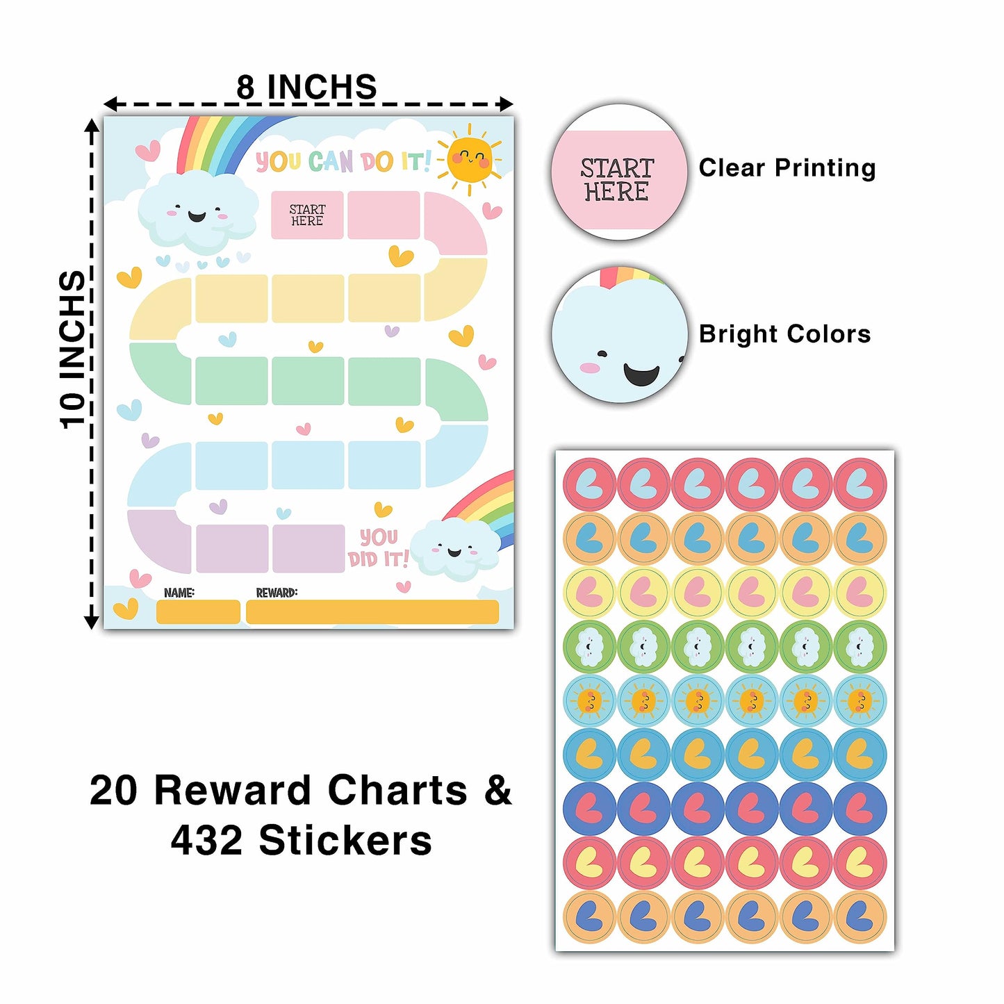 20 Rainbow Reward Chart with 432 Round Stickers, Incentive Behavior Chart for Kids at Home Classroom, Kids Routine Daily Chore Sticker Chart-B16