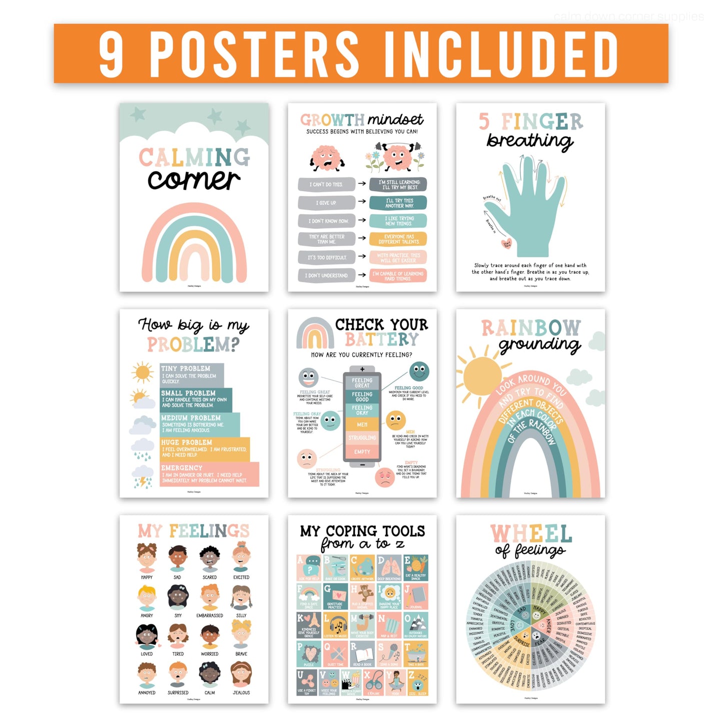 Hadley Designs 9 Calming Corner Posters for Classroom Must Haves - Calm Down Corner Supplies with Emotions Chart, School Counselor Mental Health Poster, Feelings Chart For Kids, Boho Classroom Decor