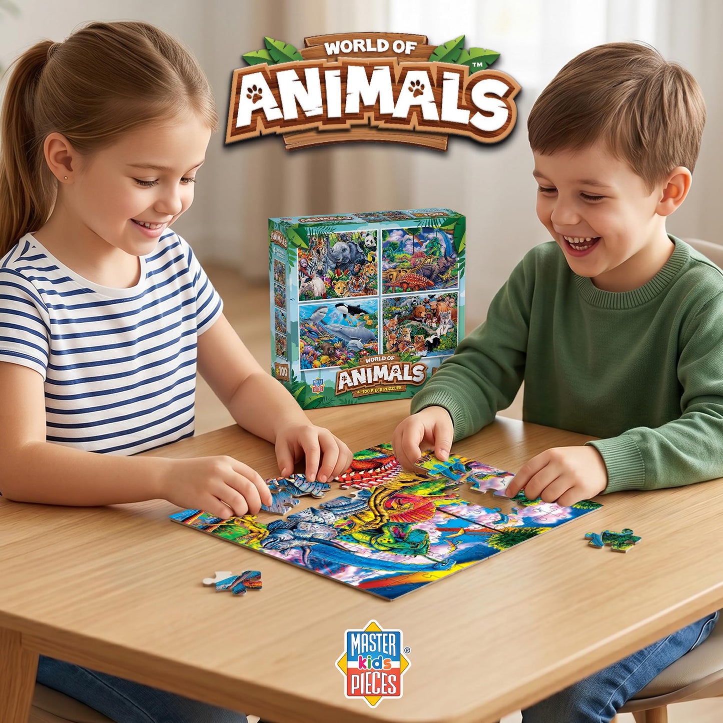 MasterPieces Jigsaw Puzzle Set for Kids, 4-Pack of 100 Piece Puzzles, Educational Animal Theme, Fun Game, Gift Idea, 8" x 10"
