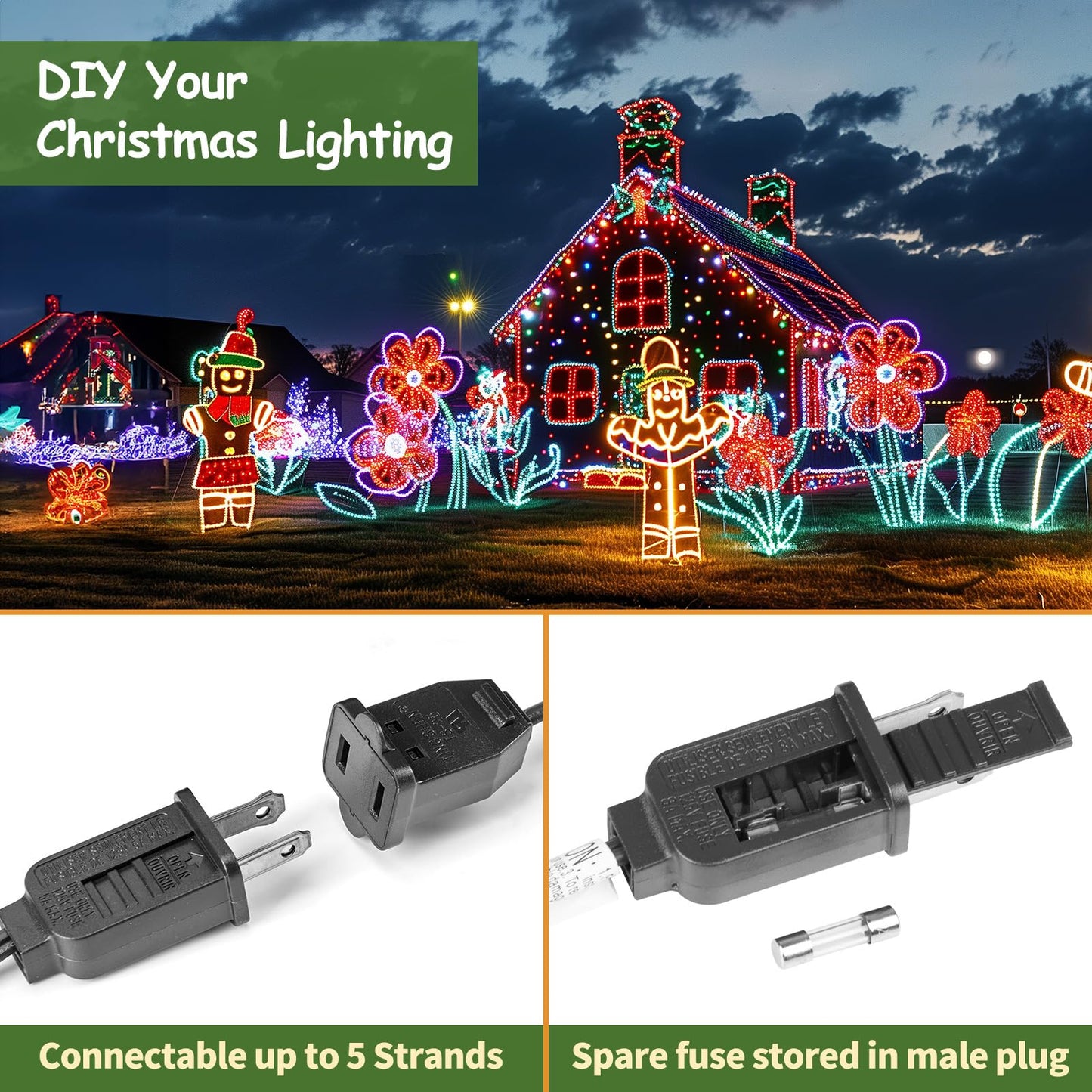 Minetom C9 Stringer 100 FT Outdoor String Lights, 2 Pack, Black Wire, 100 Sockets, 12in Spacing, for C9 LED Bulbs