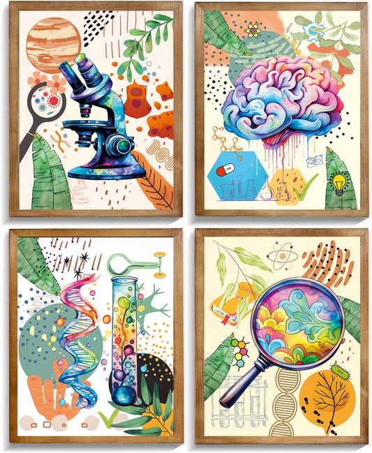 Science Wall Prints,Microbiology Chemistry Wall Art,Science Exploration Art Poster,Boho watercolor Prints,School Laboratory Decor for Classroom Middle School Laboratory Library 4 Set(8"x10"Unframed)