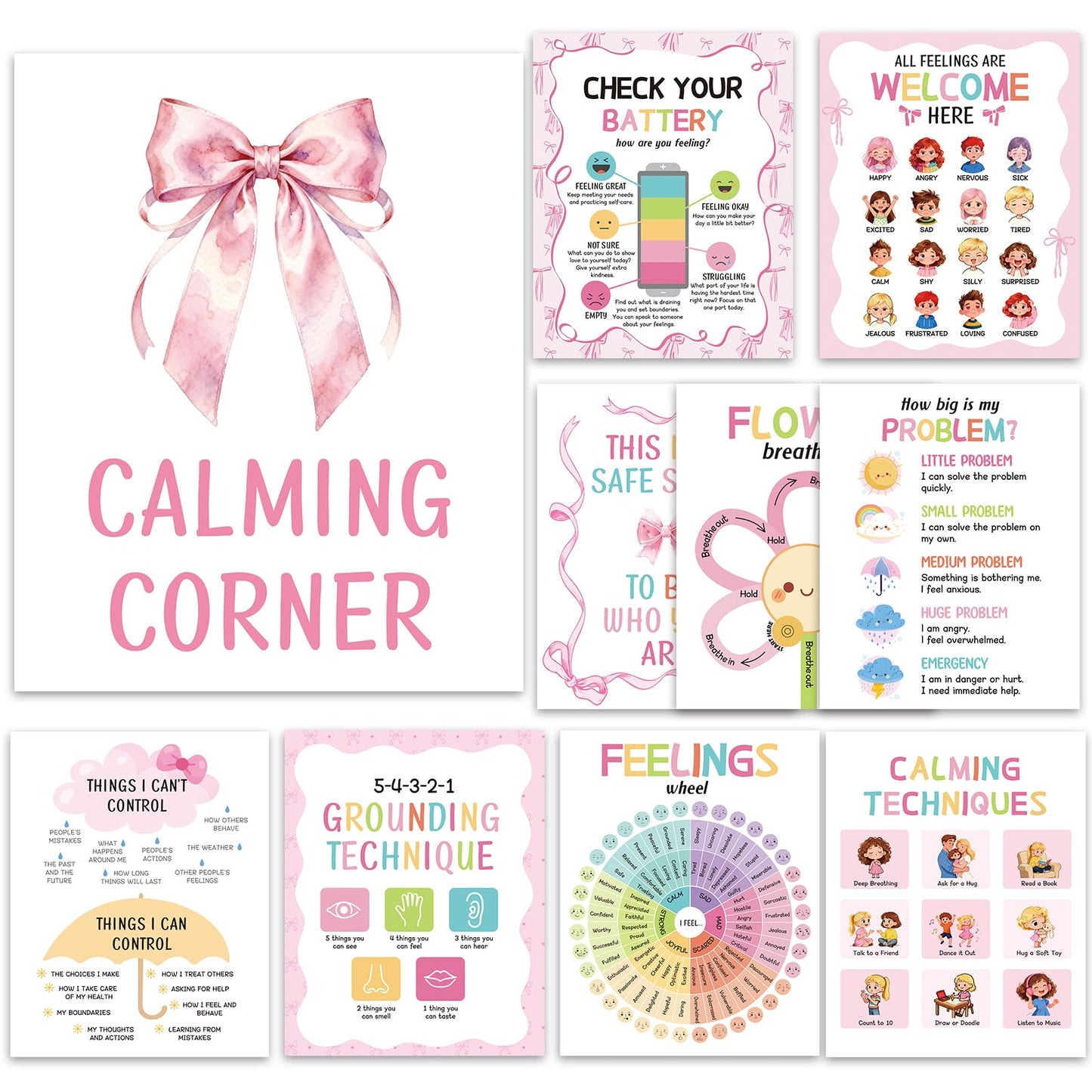 10 Calming Corner Posters, Feelings Chart for Kids, Calm Down Corner Mental Health Posters, Preschool Classroom Educational Poster Emotions Chart Coping Skills,Wall Art Decoration Mood Calming Sticker