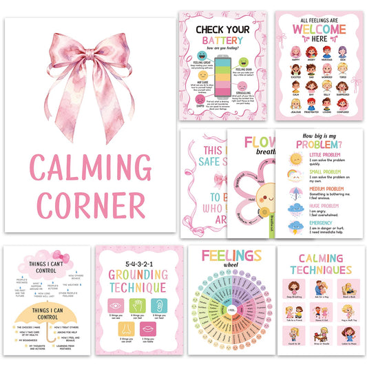 10 Calming Corner Posters, Feelings Chart for Kids, Calm Down Corner Mental Health Posters, Preschool Classroom Educational Poster Emotions Chart Coping Skills,Wall Art Decoration Mood Calming Sticker
