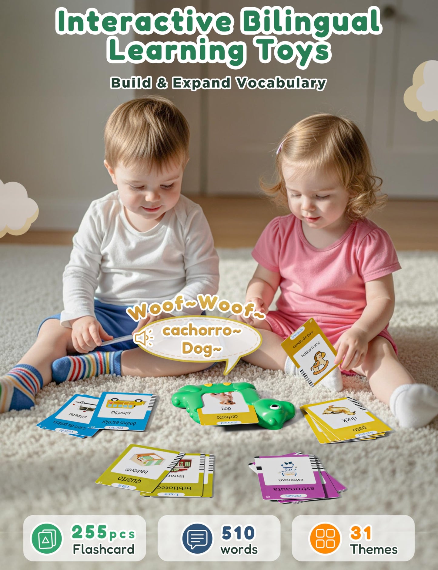 Portuguese and English Talking Flash Cards for Kids, 510 Sight Words Bilingual Learning Toys for Toddlers, Brazilian Portuguese Alphabet Flashcards Pocket Speech Therapy Toys, Dinosaur Shaped