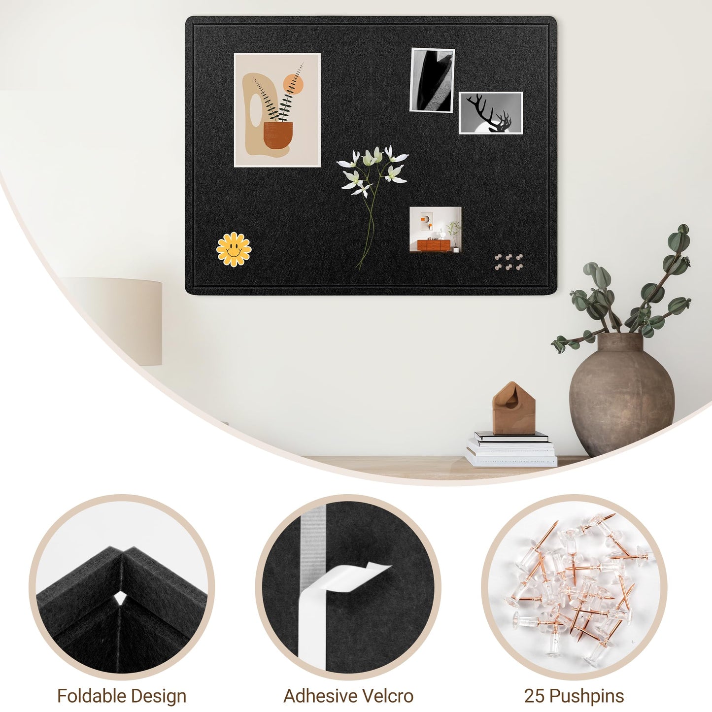 AKTOP Bulletin Board, 24" x 16" Foldable Felt Notice Pin Board for Wall, Decorative CorkBoard Photo Display Board with Self-Adhesive Tape, Vision Board Cork Board Alternative with 25 Pushpins - Black