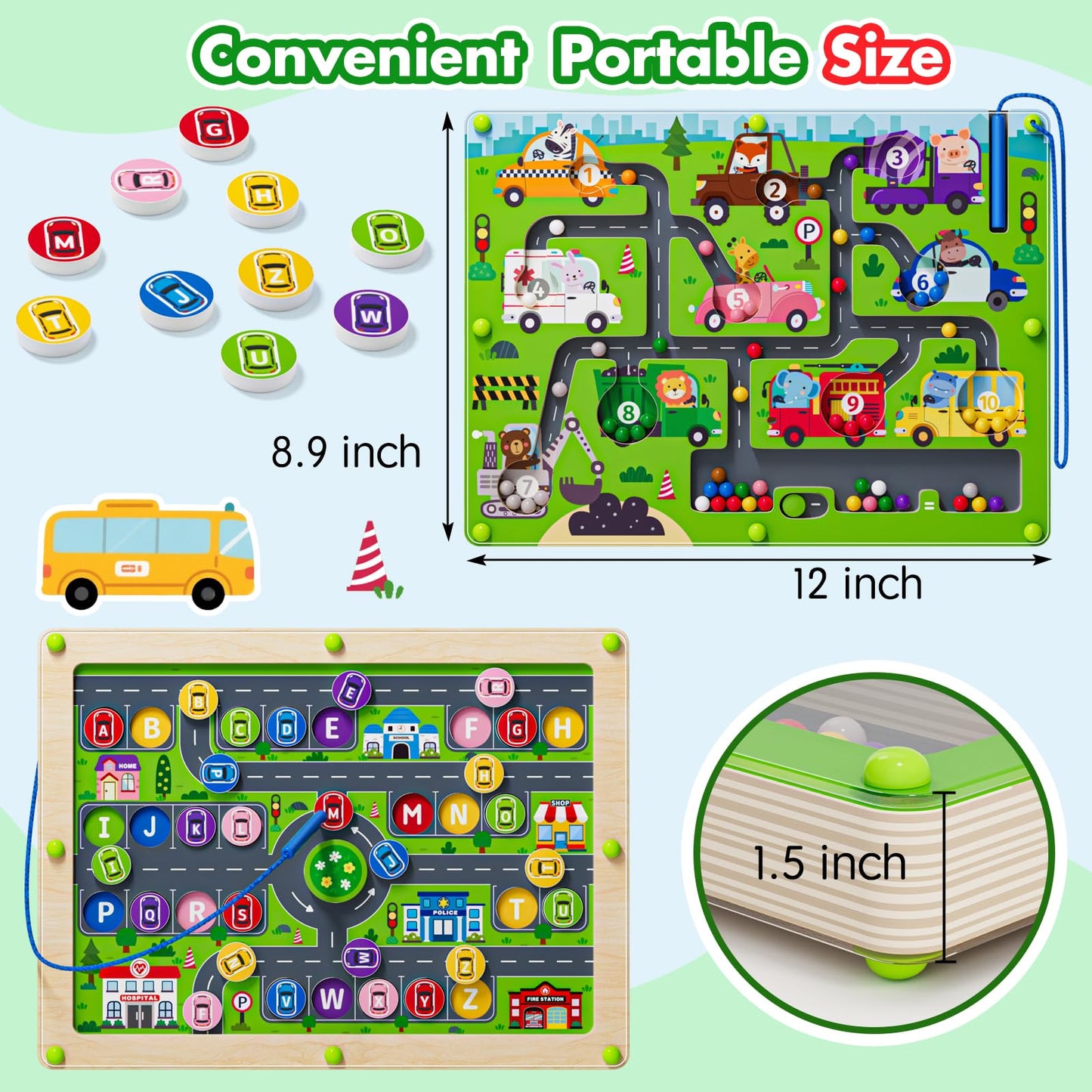 2 in 1 Magnetic Color and Number Maze Double-Sided ABC Alphabet Puzzles Board Magnet Dinosaur Counting Maze Preschool Learning Montessori Education 3 4 5 Years Toys (Car, One Size)