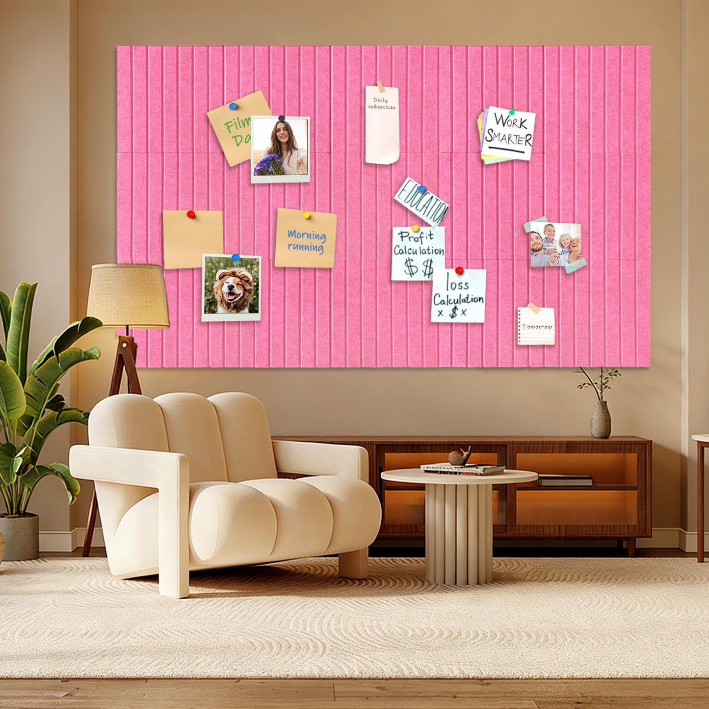 15 Pack Felt Bulletin Board, 35" x 59" Large Pink Pinboard with 30 Push Pins, Felt Pin Board, Self-Adhesive Cork Board Tiles for Home, Office Walls, School Classroom Message Photos Display