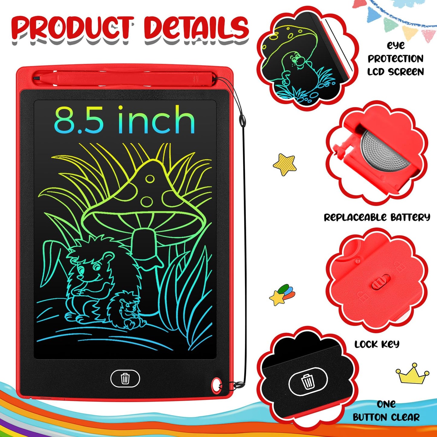 Zhehao 24 Pieces LCD Writing Tablet Doodle Board 8.5 Inch Colorful Reusable Screen Board Pad Reusable Drawing Writing Learning Educational Pad Toys for Girls Boys 8-10 3-10 (Red,Round Style)