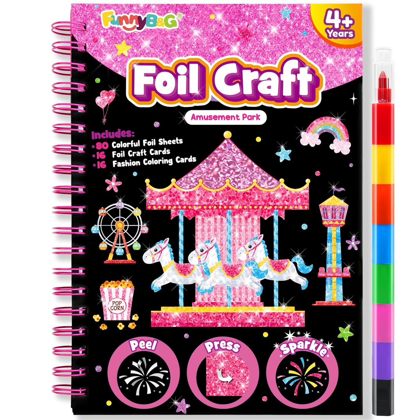 FUNNYB&G Foil Art Craft Kit for Girls 4-10 Years Old: Mess-Free & No-Glue, Create 16 Sparkly Amusement Park Pictures – Perfect Travel Toy & Birthday Gift for Kids （Amusement Park）
