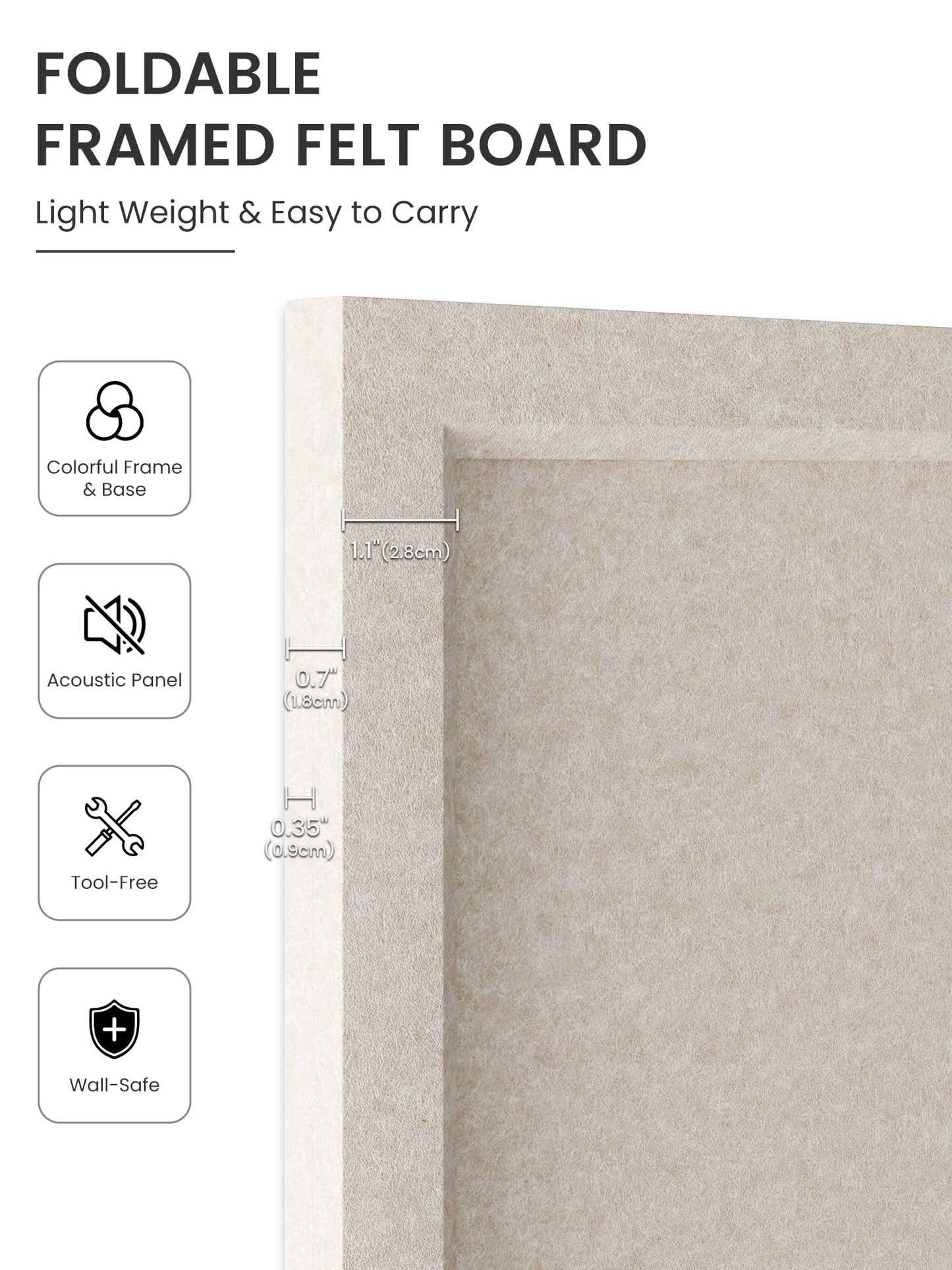 Fluxynara Foldable Cork Board Alternative, Felt Bulletin Board 23.6" x 17.5" Oatmeal Frame with 12 Adhesive Tabs, Pin Board for Home Office, Classroom, Entryway, Kitchen Wall Decor—Oatmeal
