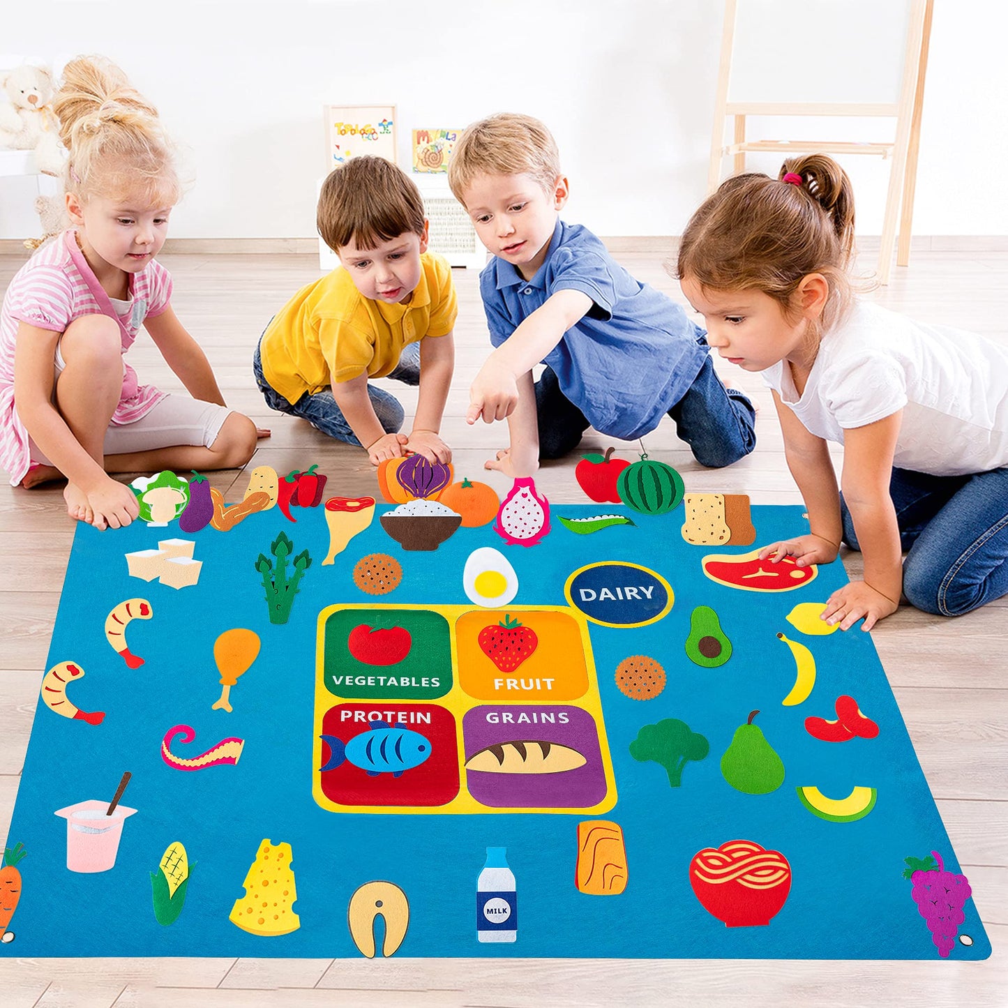 WATINC My Plate Felt Board for Kids - 3.5Ft Large 53Pcs Food Groups Learning Toy Set, Healthy Eating Flannel Board Preschool Educational with Fruits Vegetables Grains Protein for Classroom Homeschool