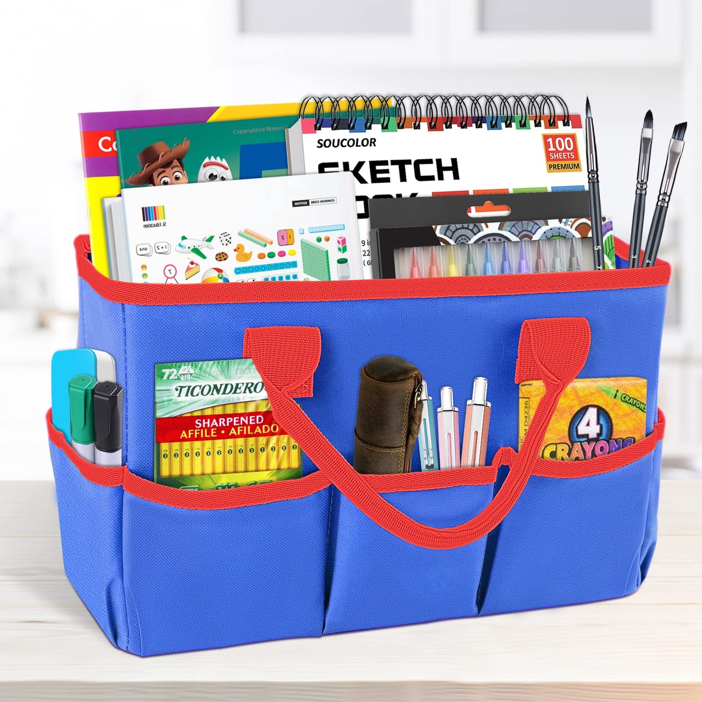 Godery Desktop Tote and Organizer, Teacher Helper Bag for Arts, Books, Stationery, Office Desk, Make-up Storage with Handles for Travel (Blue)