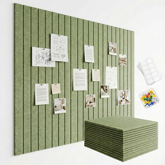59 x 36 Felt Bulletin Board Tiles - 15 Pack 150g High-Density Sound Absorbing Panels, Slat Wall Cork Board Alternative for Office & Home, Includes 30 Pushpins & 75 Adhesive Tabs, Sage Green