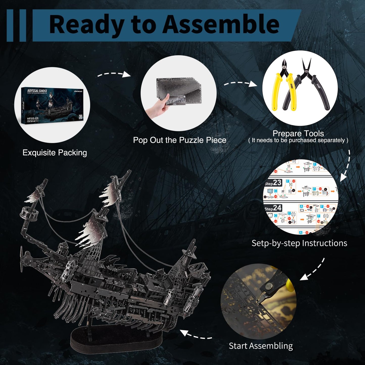 Piececool 3D Puzzles for Adults, Sea Ghost Pirate Ship DIY 3D Watercraft Metal Model Building Kits, Difficult 3D Puzzles for Family Time, Great Christmas Birthday Gifts