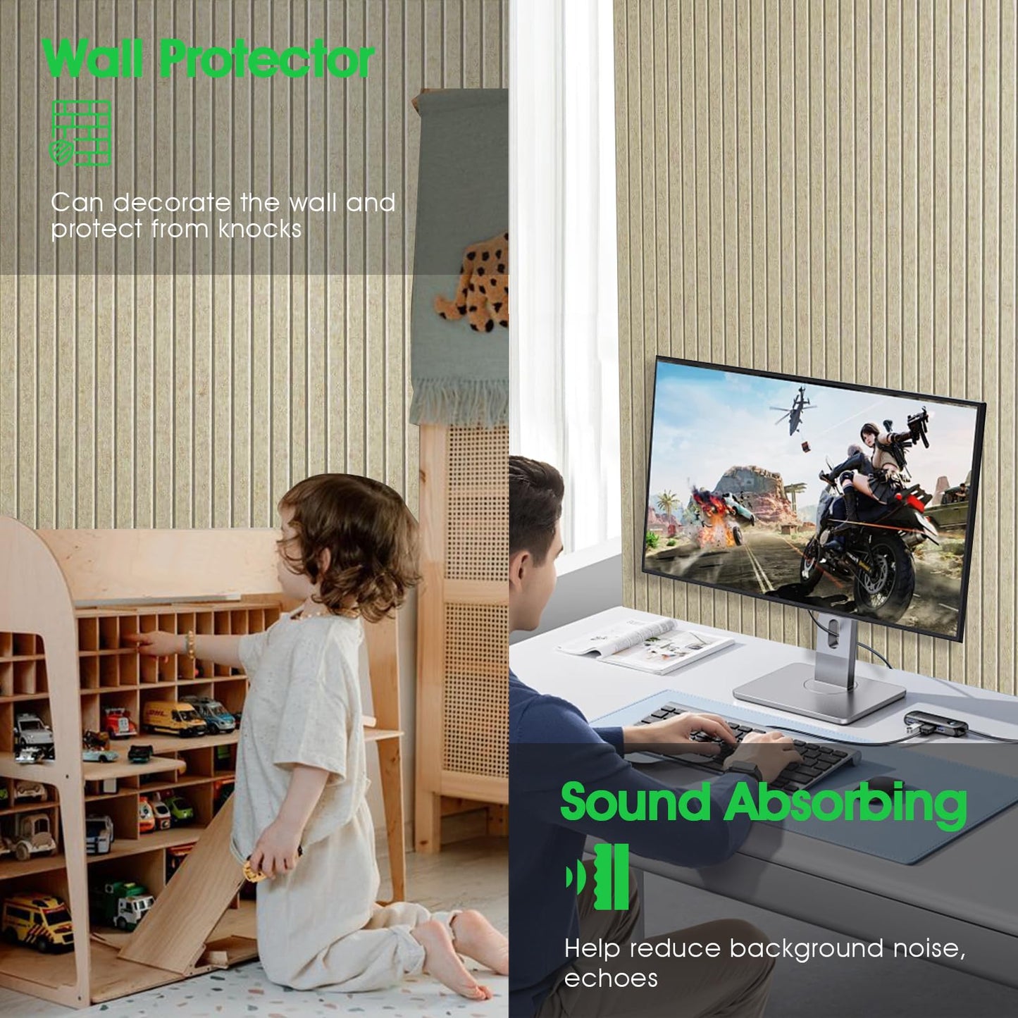 Large Cork Board for Office, 8 Pack Felt Wall Tiles with Slat Wall Paneling and Safe Removable Adhesive Tabs, Felt Bulletin Board Pin Board Cork Boards for Walls - Tan