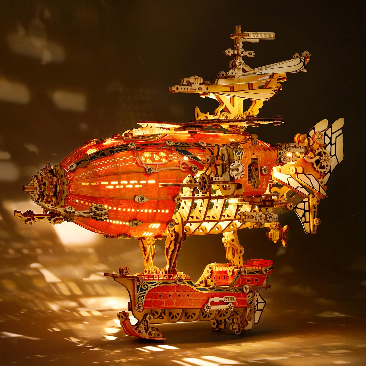 FUNPOLA LED 3D Wood Puzzle Fantasy Airship Model - Steampunk DIY Craft Kit with LED Lights – Intricate Wooden Airship Model Building Set for Teens and Adults(Orange)