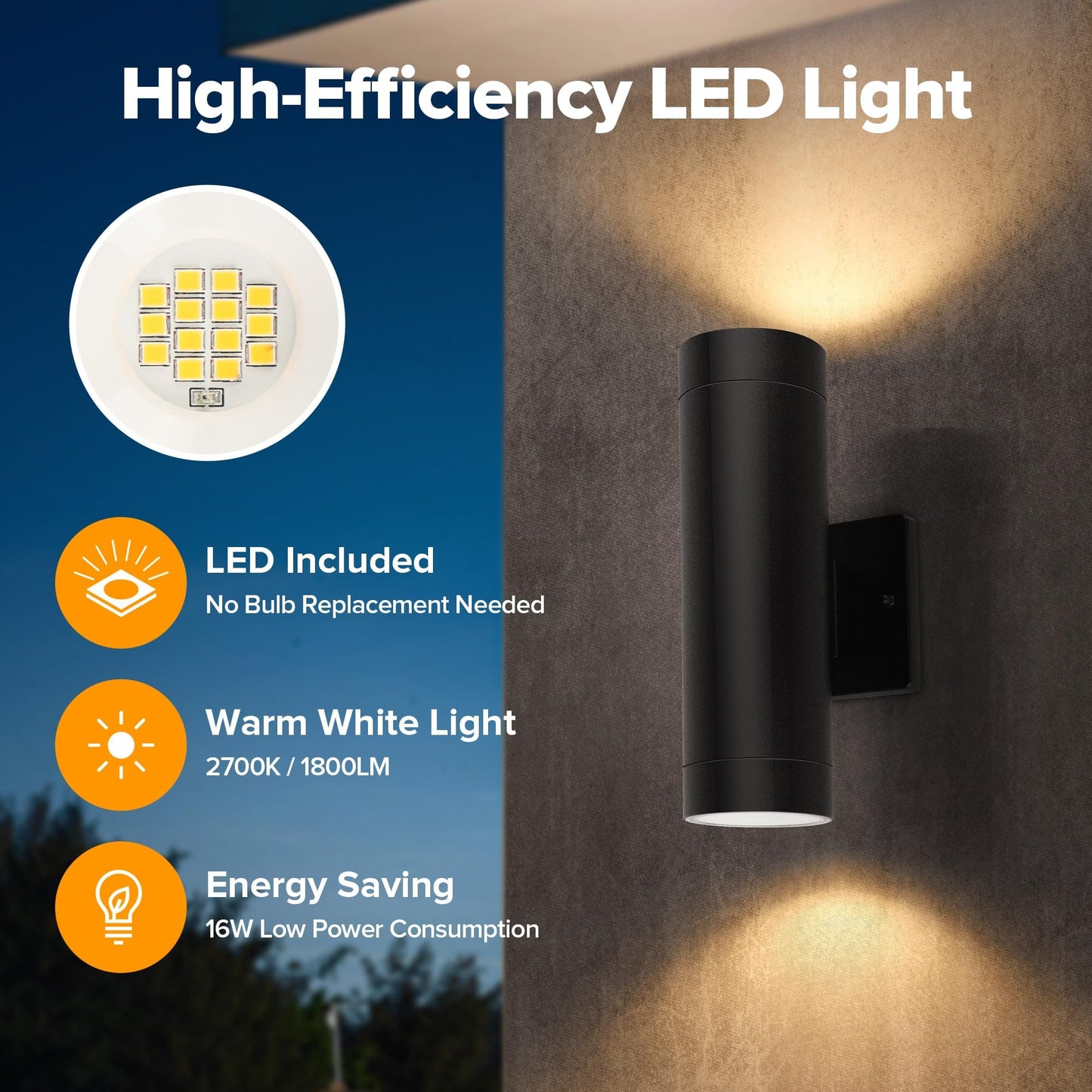 LUTEC Outdoor Wall Lights, 16W LED Up-Down Sconce, 3000K Waterproof, Black, Model 5500306012, 2 Pack
