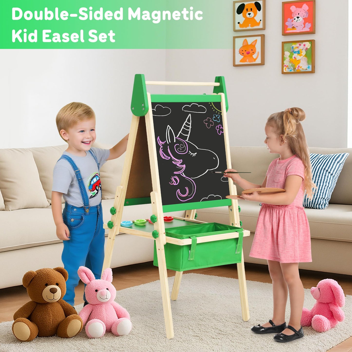 Belleur All-in-One Art Easel for Kids, Adjustable Double Sided Easel for Toddlers with Magnetic Whiteboard & Dry-Erase Chalk Board & Paper Roll, Child Painting Easel for Kid 2-8 Birthday Gift-Green