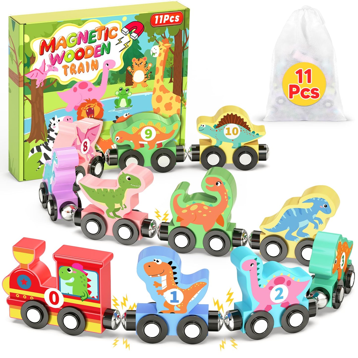 11 Pcs Magnetic Dinosaur Train Set Montessori Toys for 1 2 3 Years Old Toddlers Boys Girls, Wooden Dinosaur Preschool Learning Activities Educational Sensory Toys Birthday Gifts Ages 1-3, 2-4