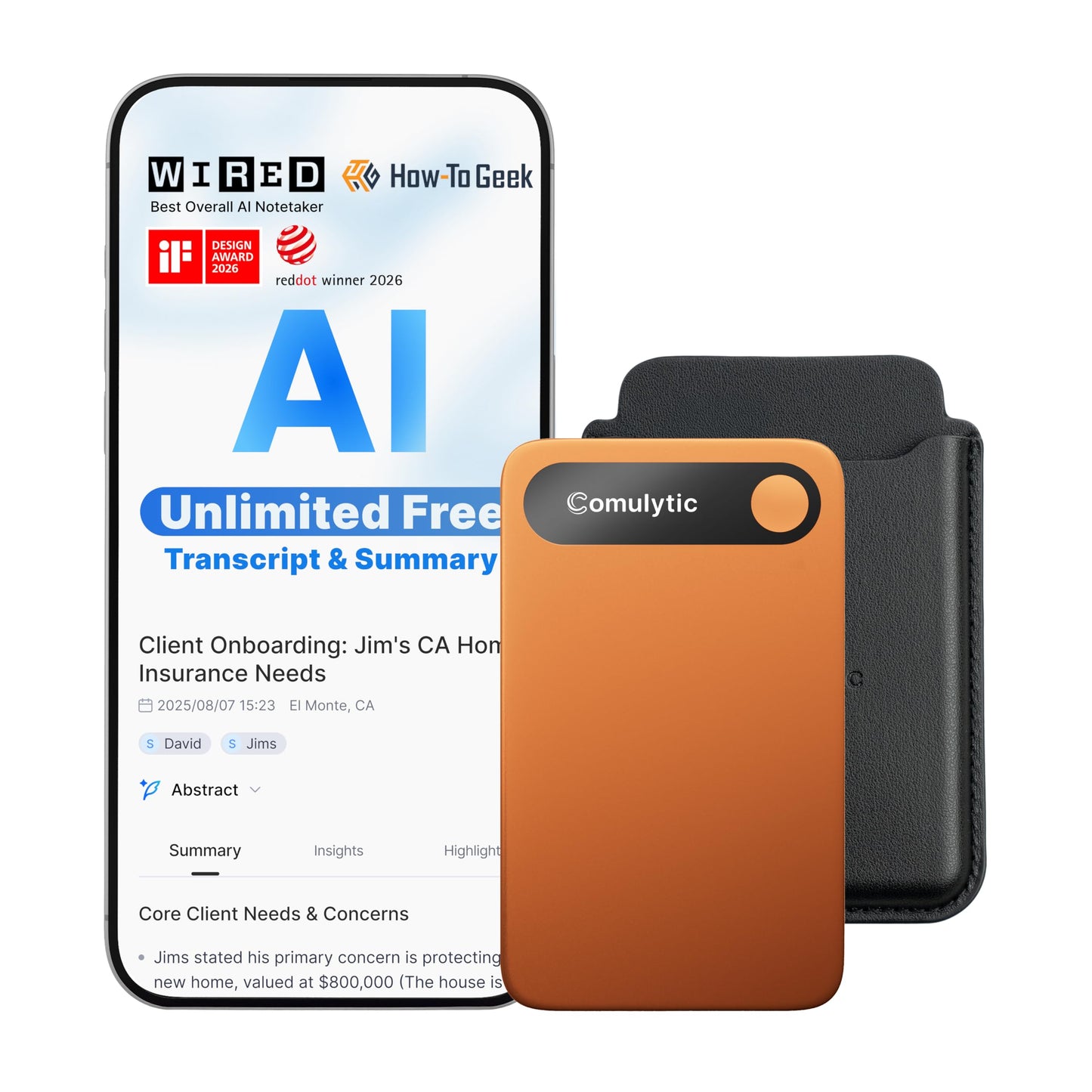 Comulytic Note Pro AI Voice Recorder, Unlimited Transcribe & Summarize, One Tap Recording Device with AI Note Taking, Support 113 Languages, 64GB, Audio Recorder for Calls, Meetings, Lectures, Orange