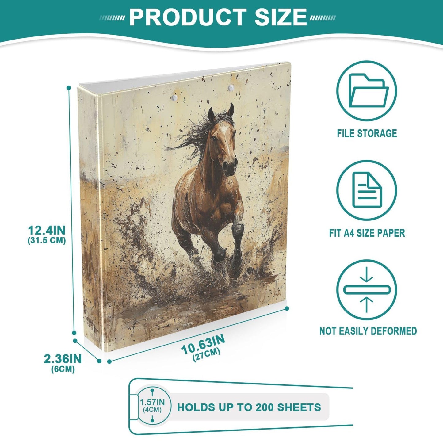 Brown Horse Round Ring Binders 1.5 Animal 3 Ring Clipboard Binder for Office School Work Supplies File Folder 200 Sheet Capacity Easy Open