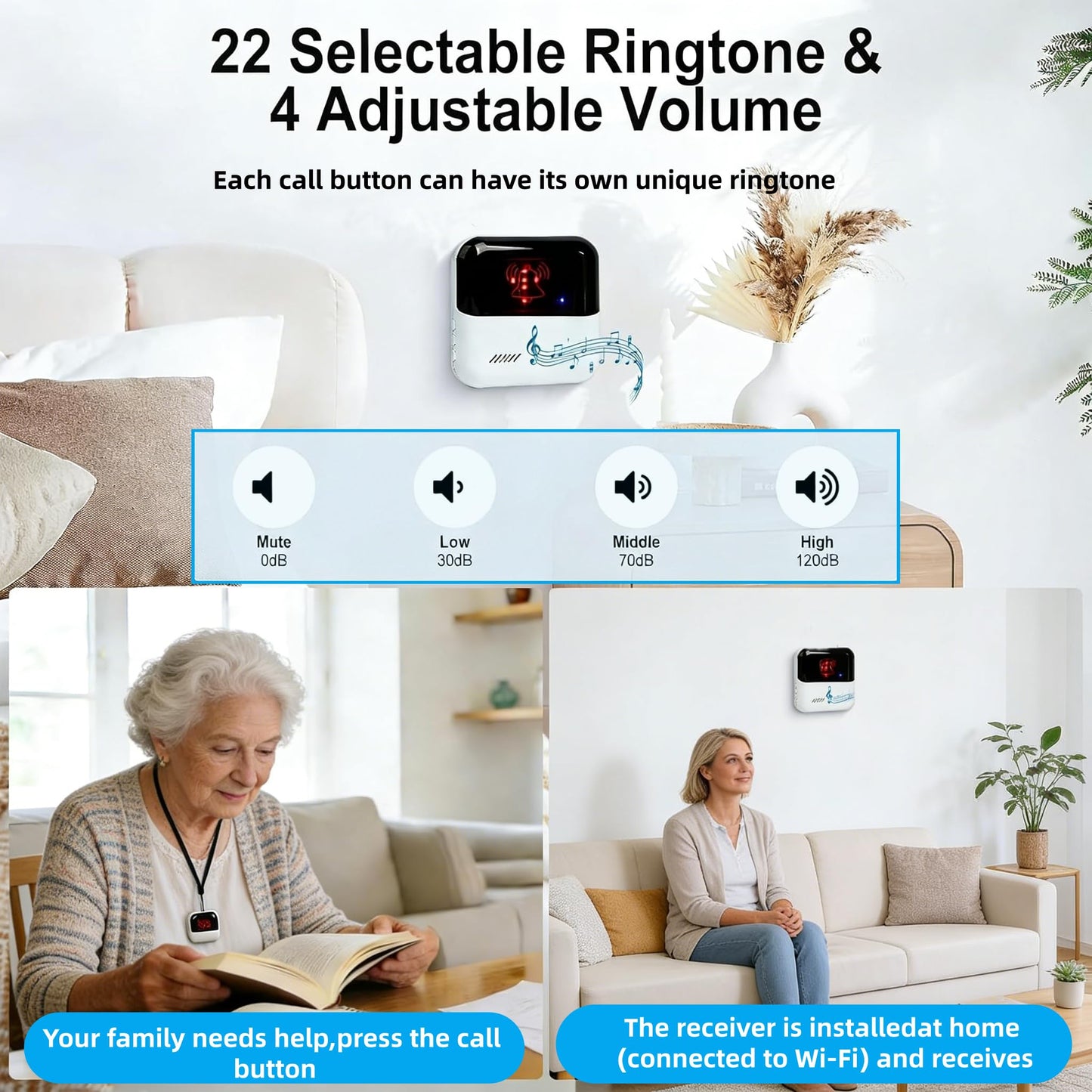 Frexiol WiFi Caregiver Pager Medical Alert Systems for Seniors No Monthly Fee App Control Alert Button for Seniors at Home,2 Call Button and 1 Receiver,for Elderly,Patients,Disabled