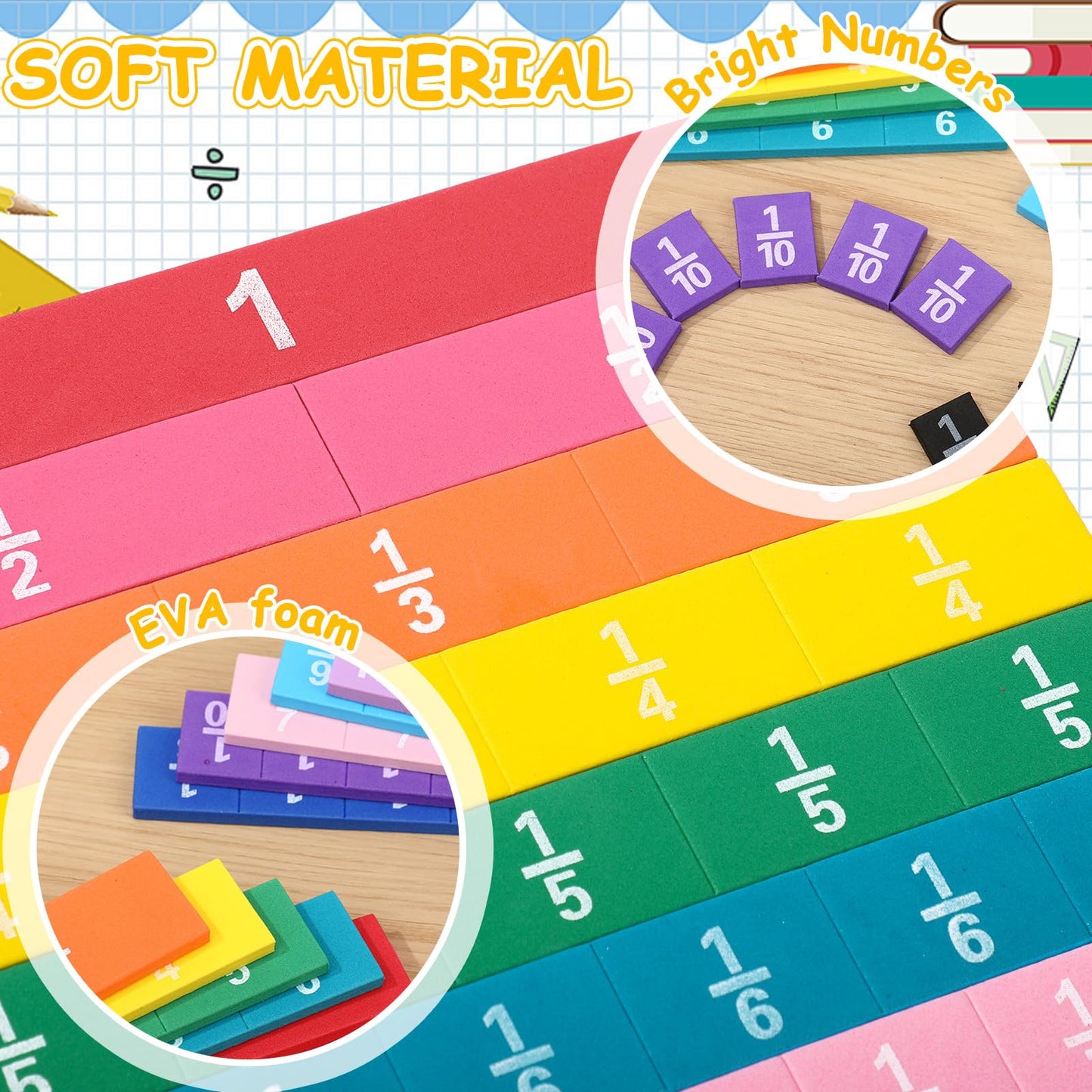 Sayglossy 40 Set Fraction Tiles Set for Math Classroom Rainbow Color Manipulatives Montessori Math Materials for Maths Classroom School Learning Educational Supplies