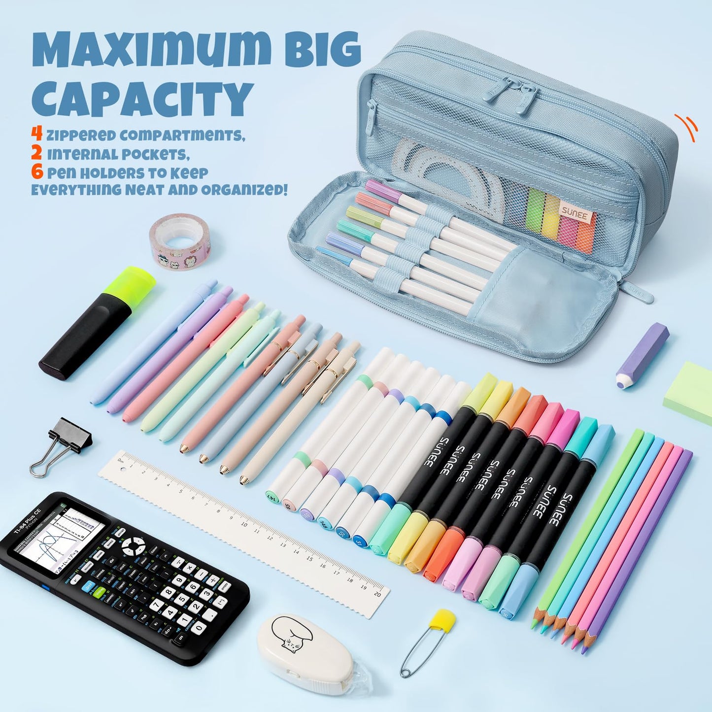 SUNEE Pencil Case, Large Capacity Pencil Pouch, Aesthetic Big Pen Bag 900D Oxford Pen Box for Office Stationery Organizer School Supplies Multifunctional for Teen Boys Girls Women Men, Blue
