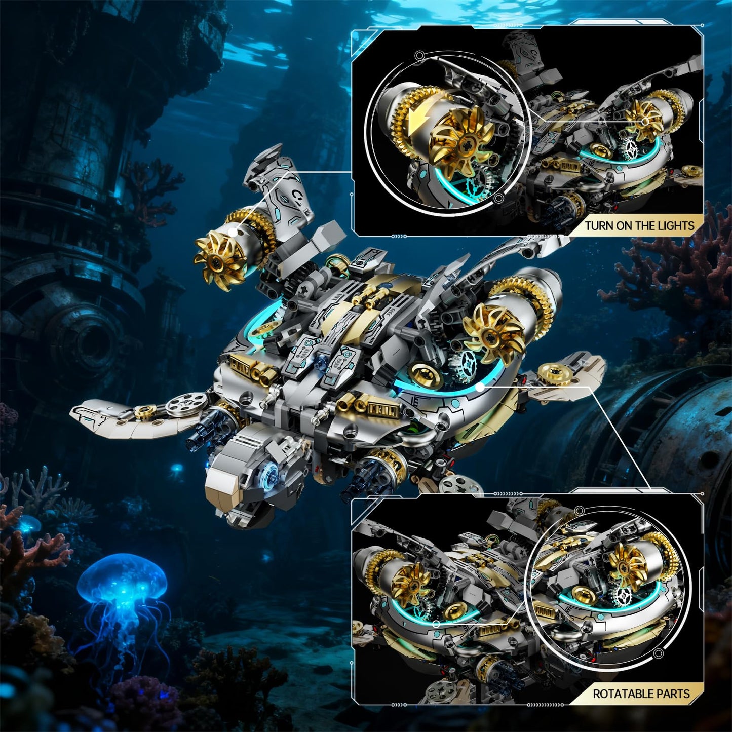 Myth Qholve Mechanical Turtle Building Block with Hand Crank & Motor Dual Drive Gear Motion Steampunk＆Educational Construction Set for Adults Teens and Model Enthusiasts