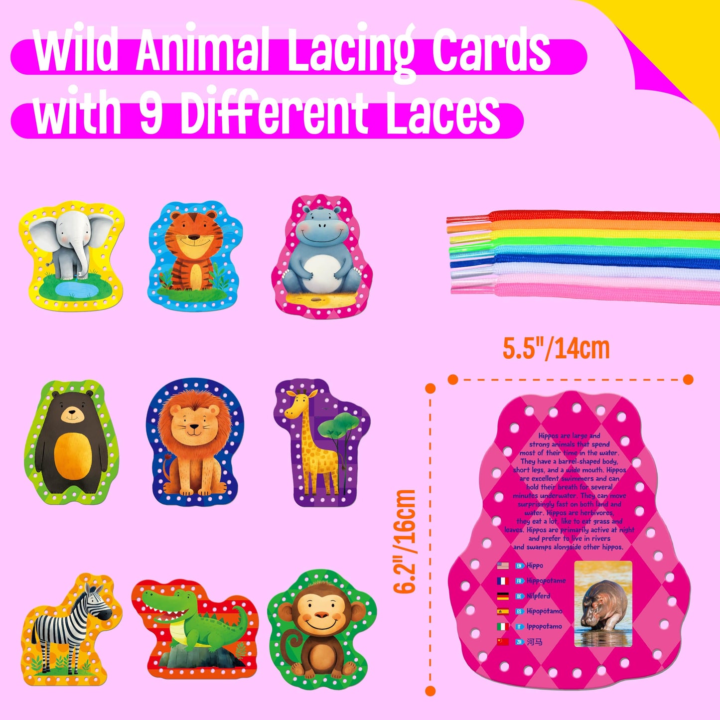 SpriteGru 9 PCS Kids Lacing Cards, 9 Double Sided Wild Animals Sewing Cards with 9 Colorful Laces, Educational & Learning Toys for Preschoolers, Kids Ages 3+